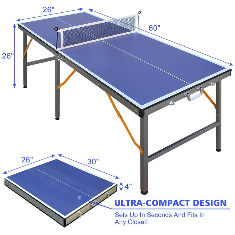 Roomfitters 5ft Table Tennis Table, Foldable & Portable, Net, 2 Paddles and 3 Balls, Indoor Ping Pong Game, Blue