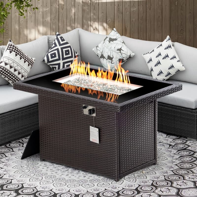 FINCATI Outdoor Wicker 43" Propane Fire Pit Table, 60,000 BTU Modern Luxury Rectangular Fire Pit Natural Gas Convertible