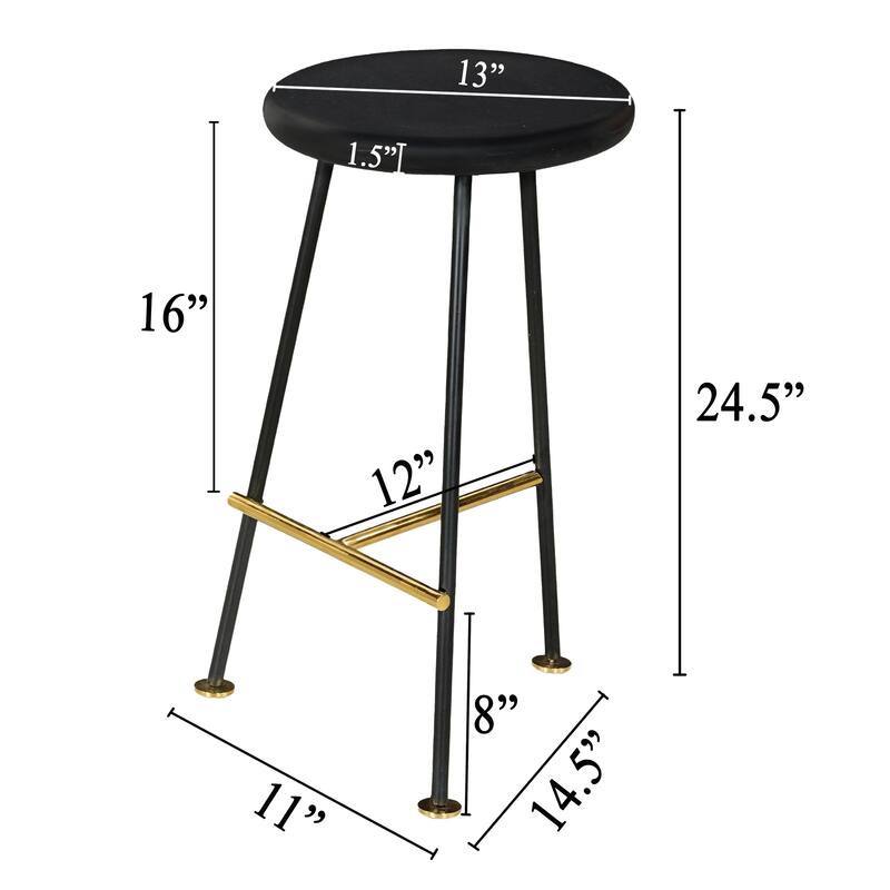 Elira 24 Inch Backless Counter Barstool with Round Mango Wood Seat. Black Iron Legs, Gold Footrest