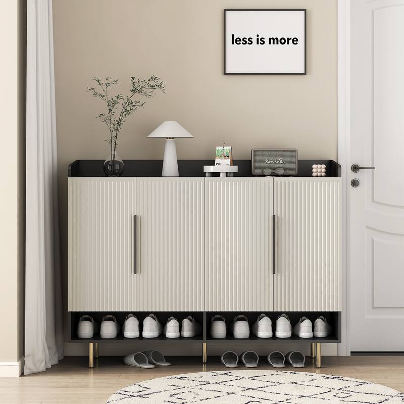 Roomfitters 55" Sideboard, 4-Door Shoe Cabinet, Modern Storage Credenza, Entryway Console Table, Black + Light Yellow - Black+Light Yellow