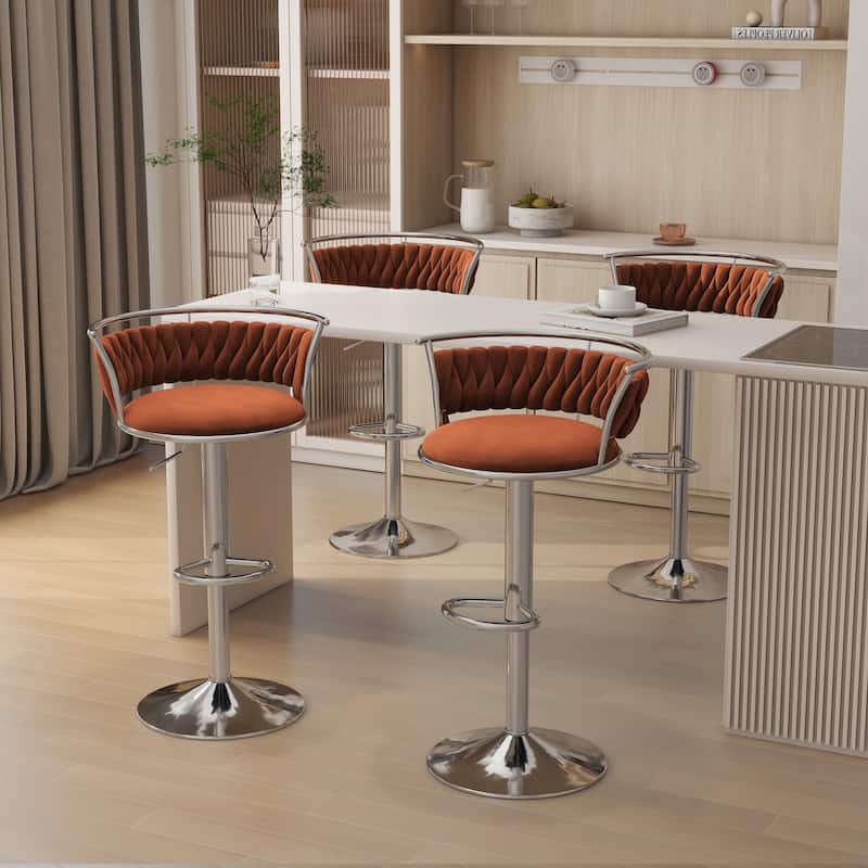 Modern Velvet 26" Adjustable Swivel Bar Stools (Set of 4) - Set of 4 - Orange-Silver