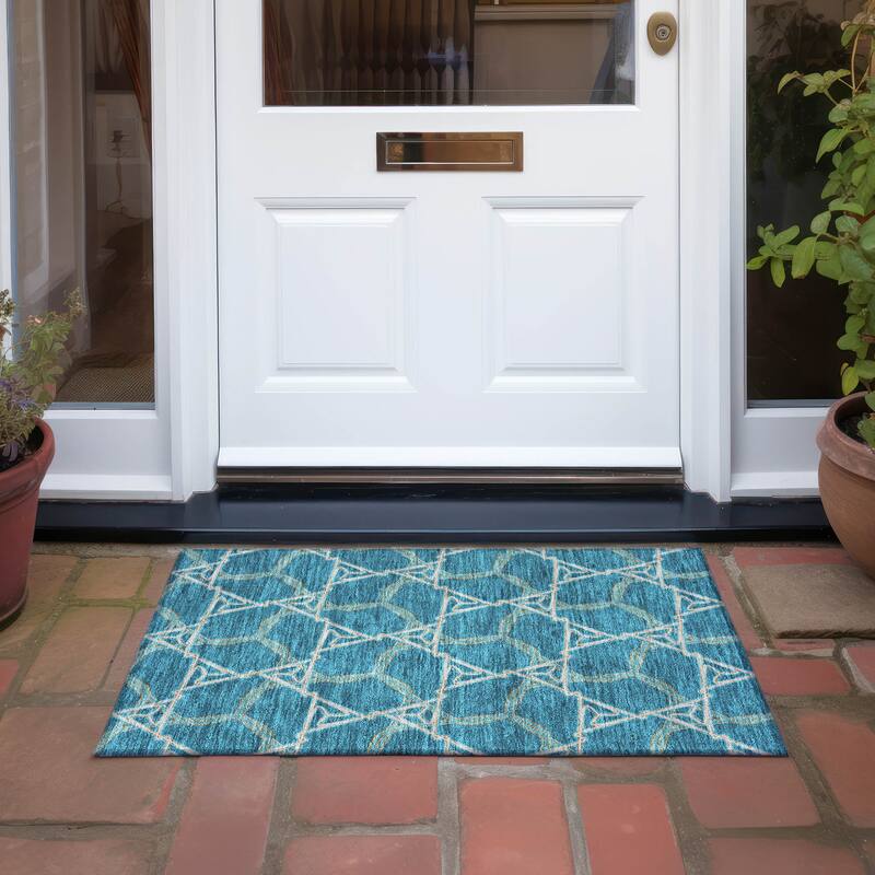 Machine Washable Indoor/ Outdoor Transitional Links Chantille Rug - Teal - 1'8" x 2'6"