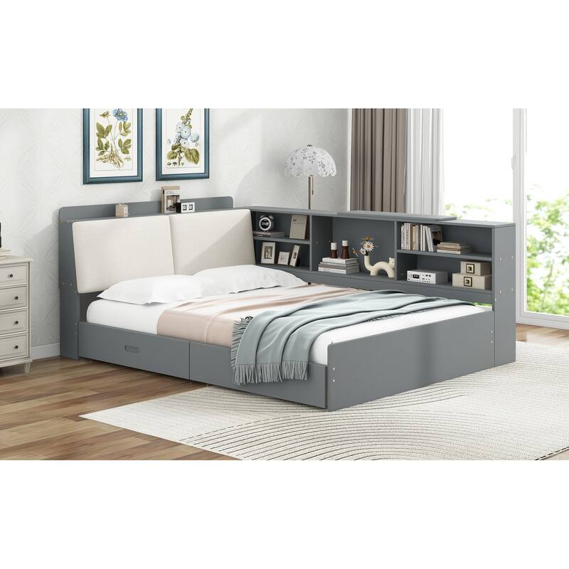 Full Size Wood Platform Bed with Storage Headboard, Shelves, and 2 Drawers in Gray - No Box Spring Required
