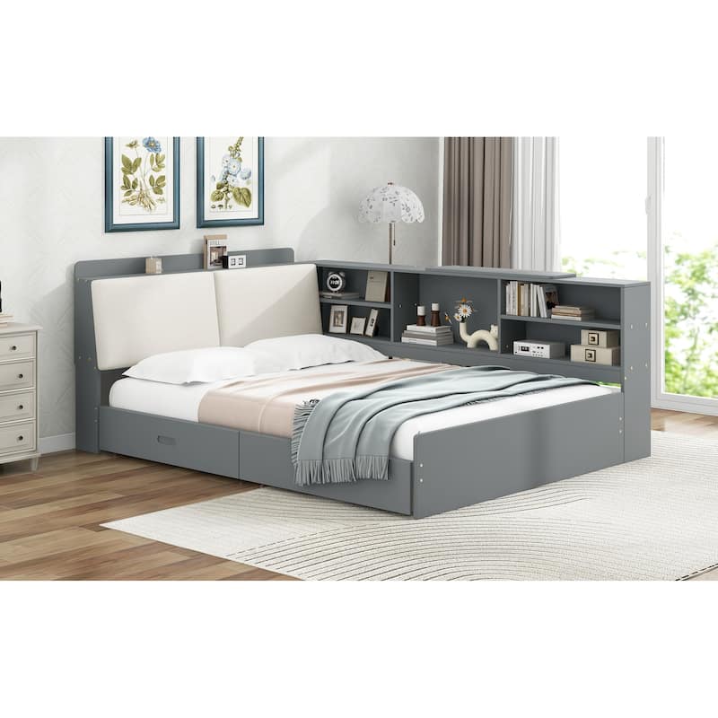 Wood Full Size Modern Platform Bed w/Flip Storage Upholstered Headboard, Shelves & 2 Drawers, Low-Profile Daybed Bed for Bedroom