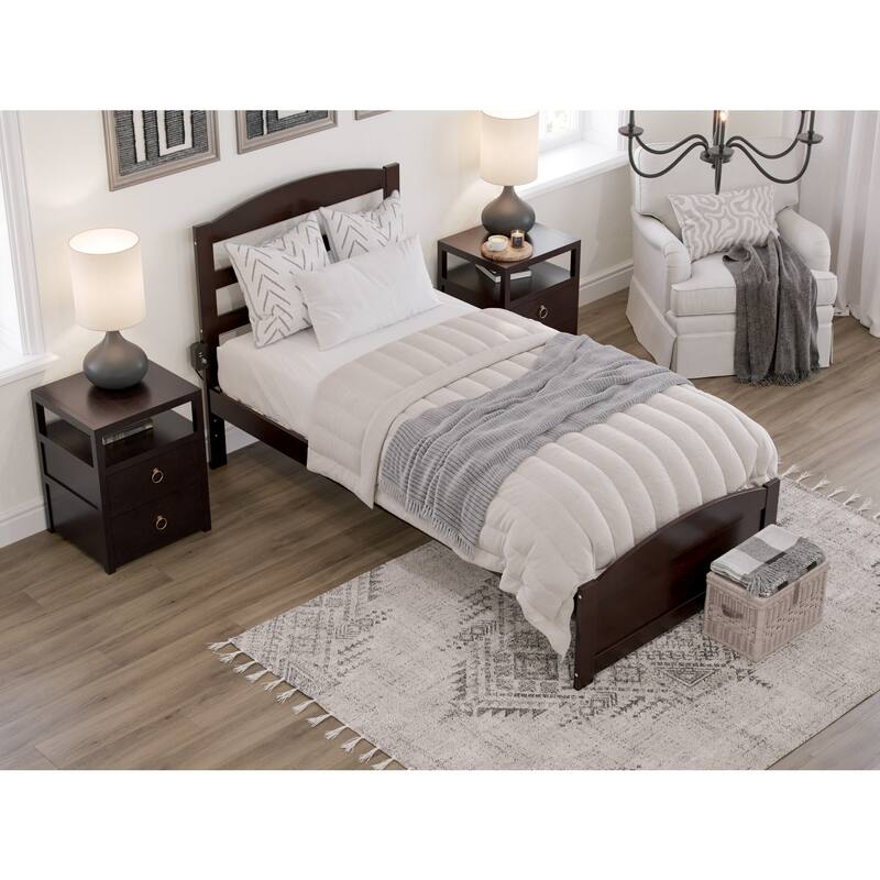 Wood Platform Bed with Footboard & USB Charger, Twin, Espresso - Solid Construction