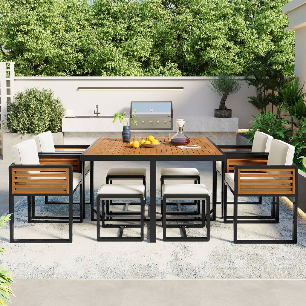 9-Pieces Acacia Wood Patio Dining Set, 4 Cushioned Chairs & 4 Ottomans & 1 Square Table