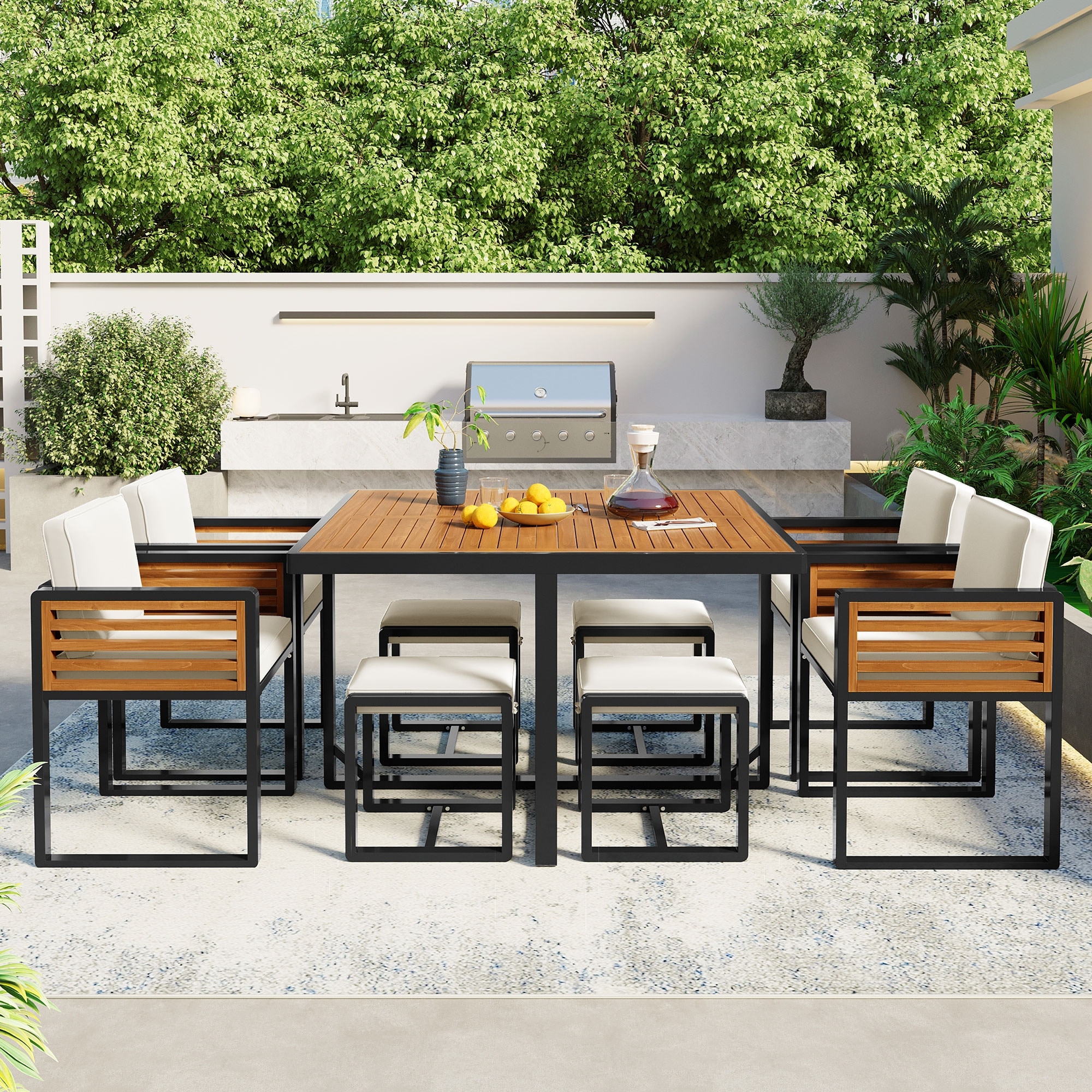 9-Pieces Acacia Wood Patio Dining Set, 4 Cushioned Chairs & 4 Ottomans & 1 Square Table