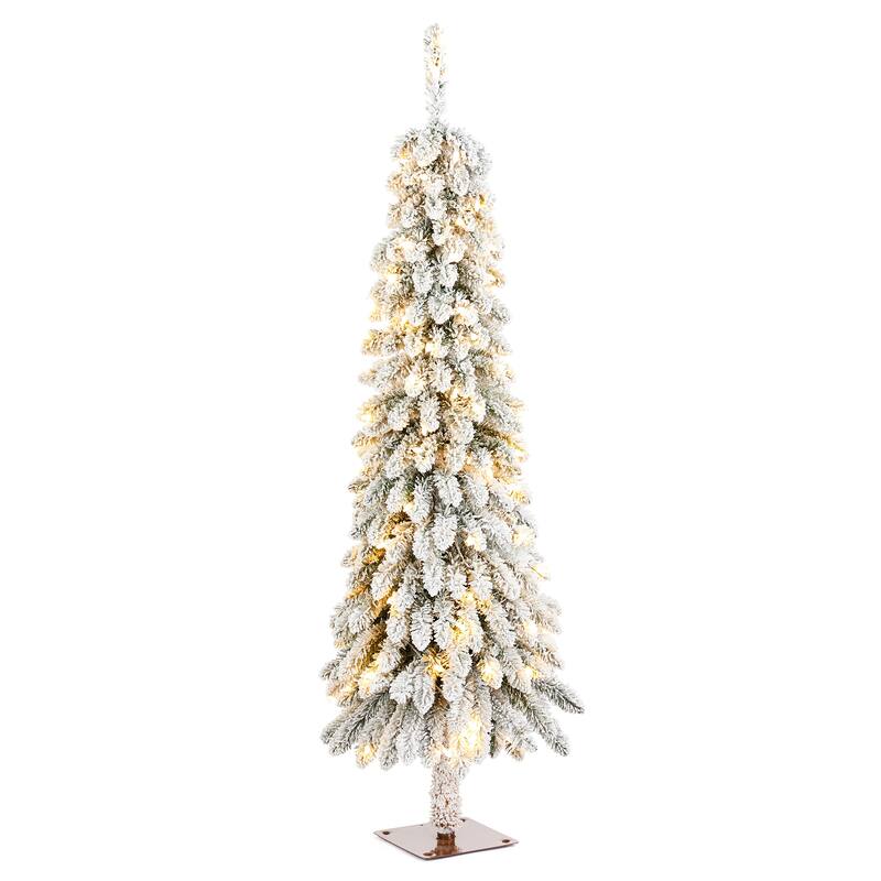 Glitzhome 4.5ft/6ft/7.5ft Pre-Lit Flocked Artificial Snowy Downswept Christmas Tree with Foot Pedal Control LED Lights