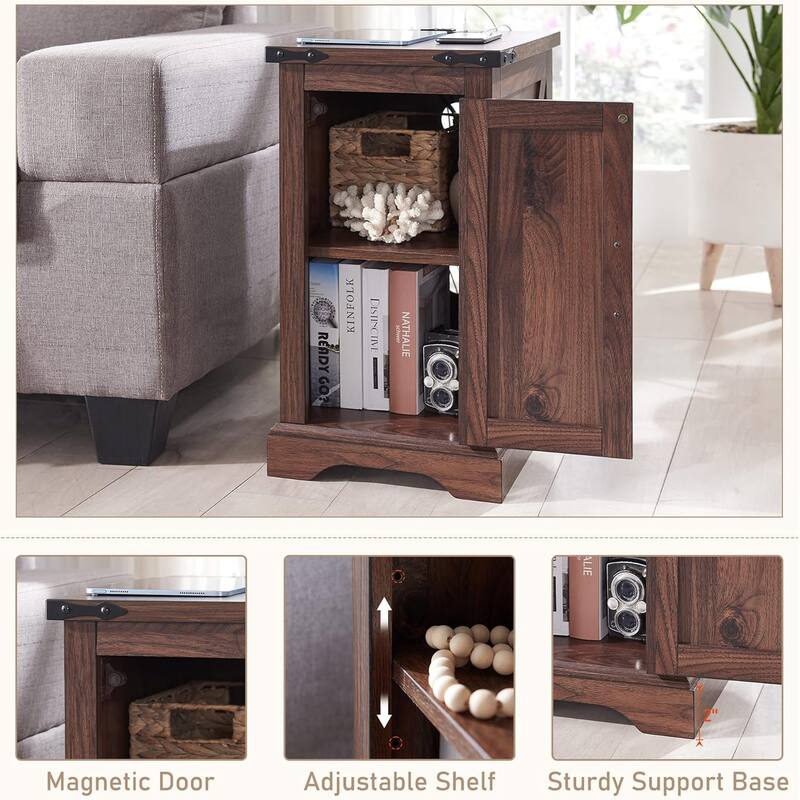 Farmhouse Nightstand with Charging Station, Wood Rectangular End Table
