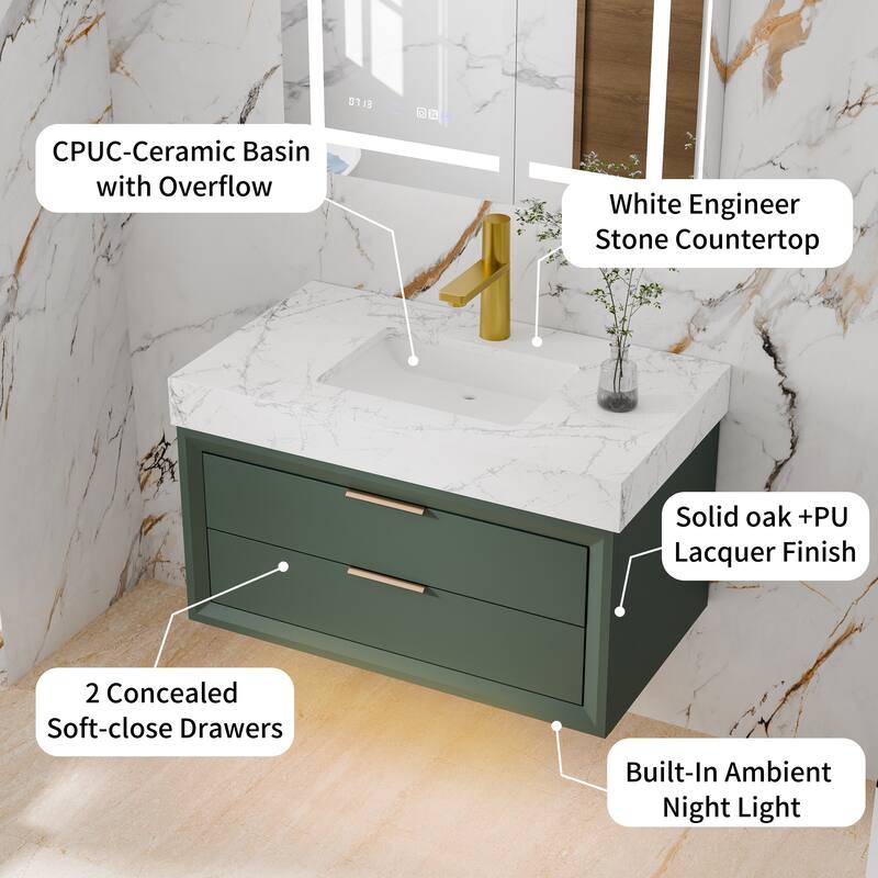 Modland 36" Wall-Mount Vanity with LED Light & 2 Soft-Close Drawers - Solid Oak, Black,White,Blue,Green - 36 inch