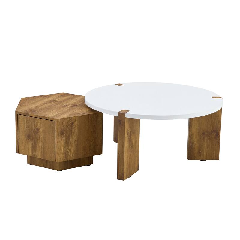 2-Piece Exquisite Coffee Table Set, Lncludes Round Coffee Table and Hexagonal Tea Table with Storage for Living Room