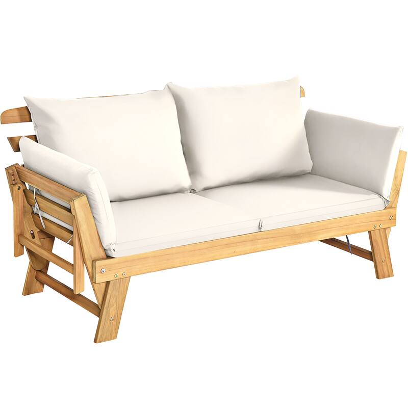 Acacia Wood Patio Convertible Sofa Bed with Adjustable Armrest - White