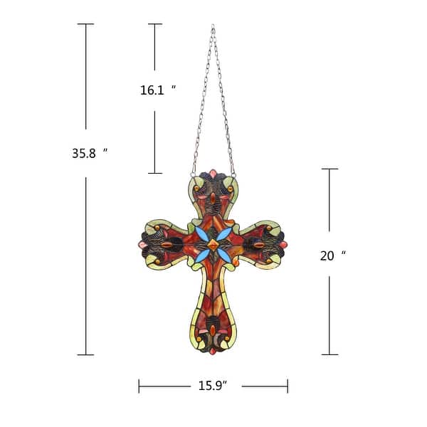 dimension image slide 1 of 2, 20" x 16" Victorian Design Cross Stained Glass Panel/ Suncatcher