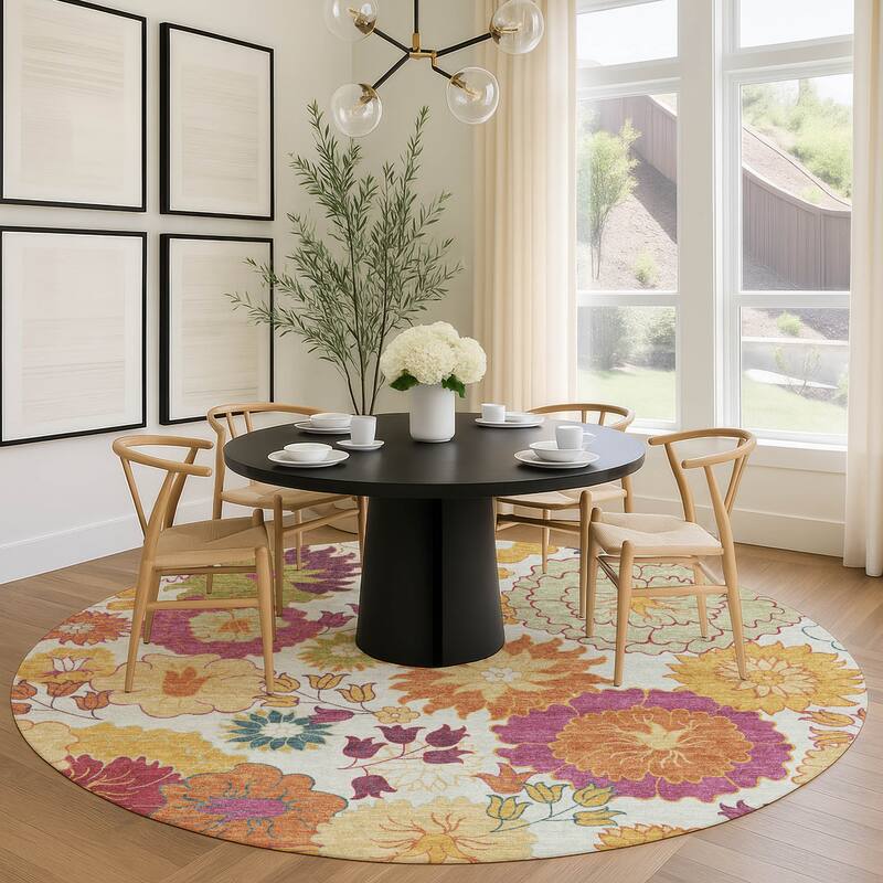 Machine Washable Indoor/ Outdoor Modern Floral Chantille Rug
