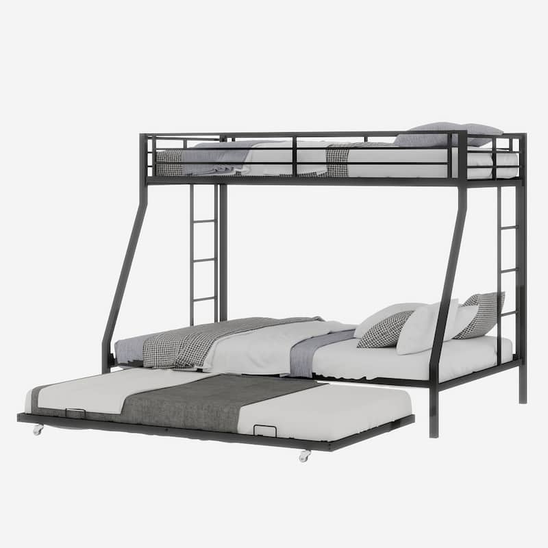 Modern Square Tube Bunk Bed with Ladder and Rolling Trundle Bed