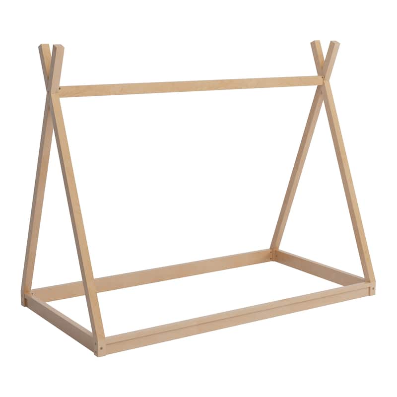 Wooden Twin House Bed Frame for Kids, Montessori-Inspired Low Platform Tent Bed with Sturdy Triangle Design