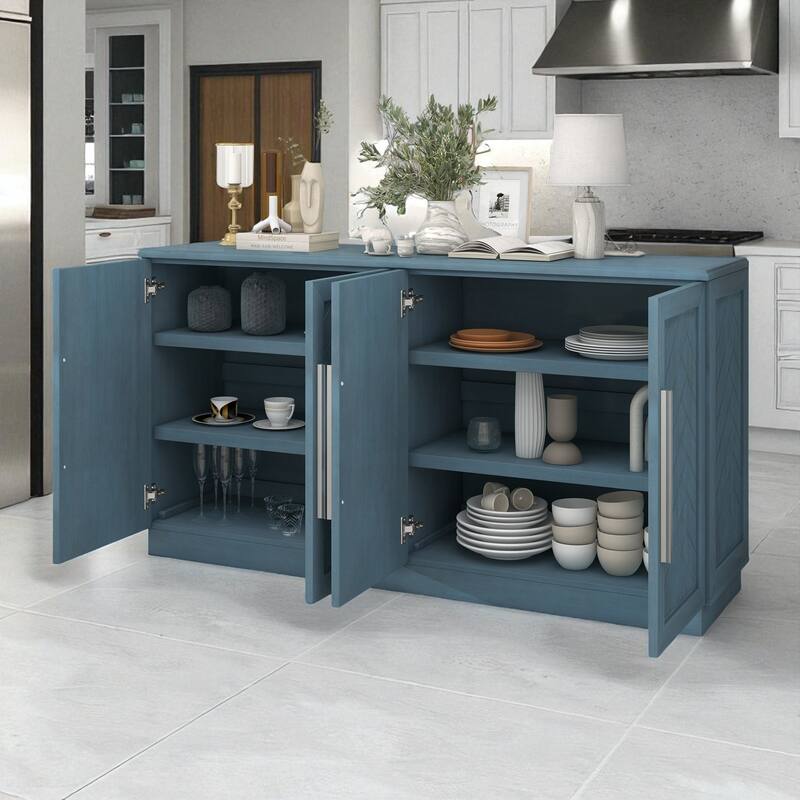 60" Buffet Sideboard Cabinet with Adjustable Shelves and Silver Handles, Storage Console for Kitchen or Dining Room
