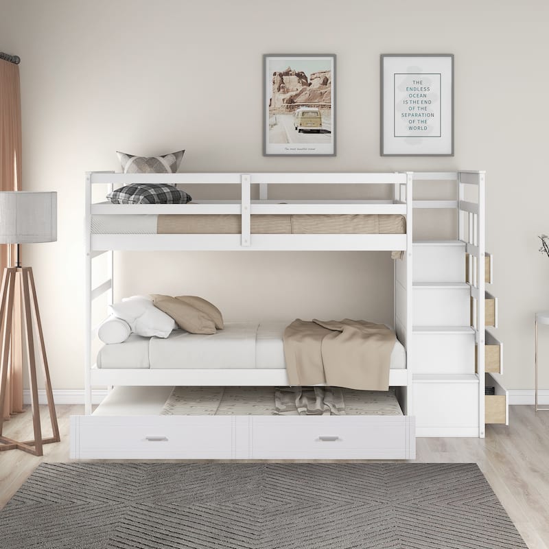 Merax Wood Twin Over Twin Bunk Bed with Trundle and Staircase