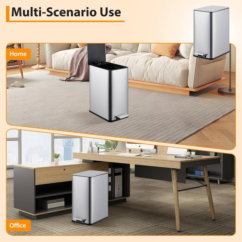 2.6 Gallon Kitchen Stainless Steel Trash Can with Soft Lid and Removable Inner Bucket, Suitable