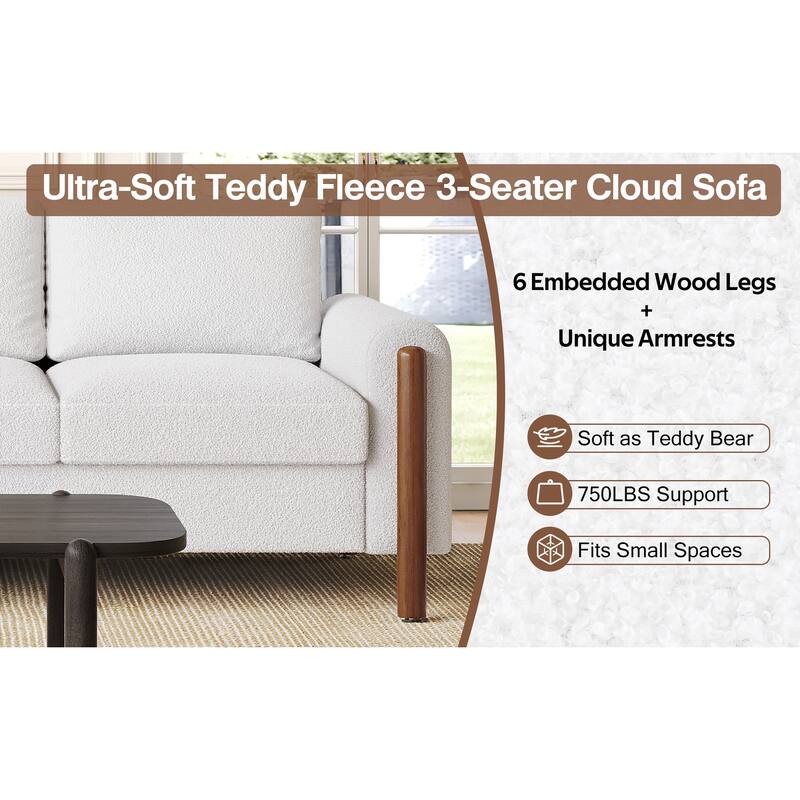 Teddy Velvet Fabric 3 Seater Sofa, Upholstered Sofa with Curved Armrest, Lounge Sofa Chair with Solid Wood Legs