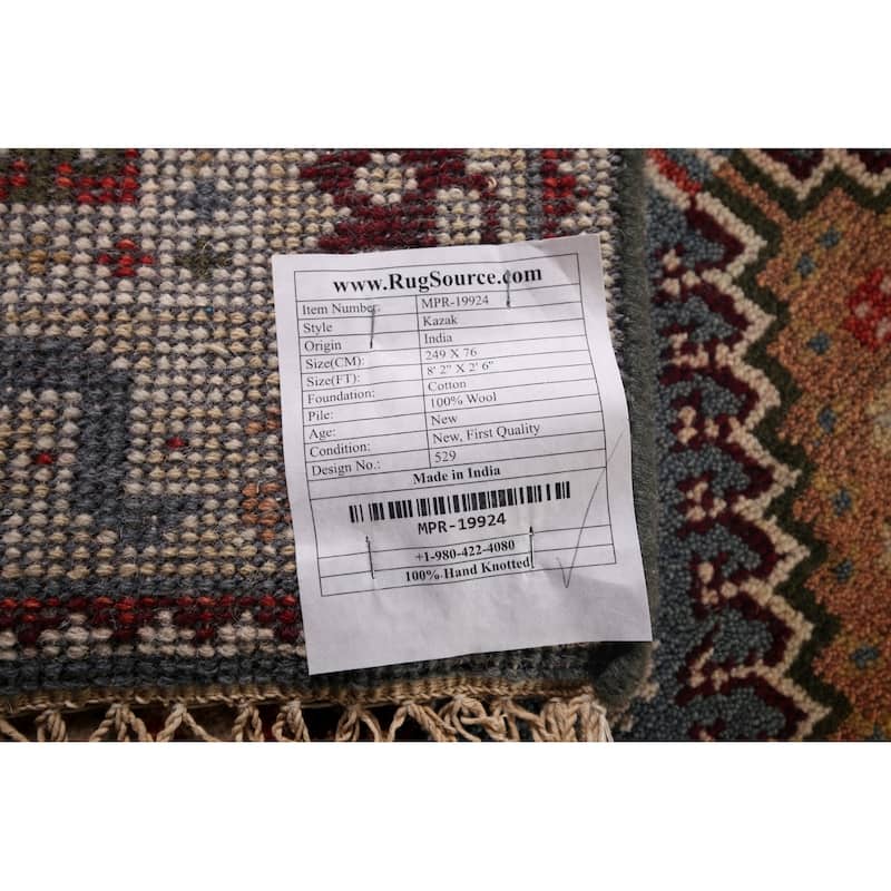 Gray Geometric Kazak Indian Runner Rug Hand-Knotted Wool Carpet - 2'6"x 8'2"