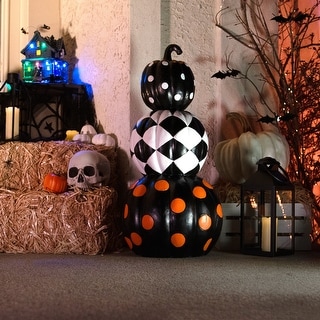 Haunted Hill Farm 2.4-Ft. Designer Polka Dot Checkerboard Pumpkin Stack Halloween Decoration