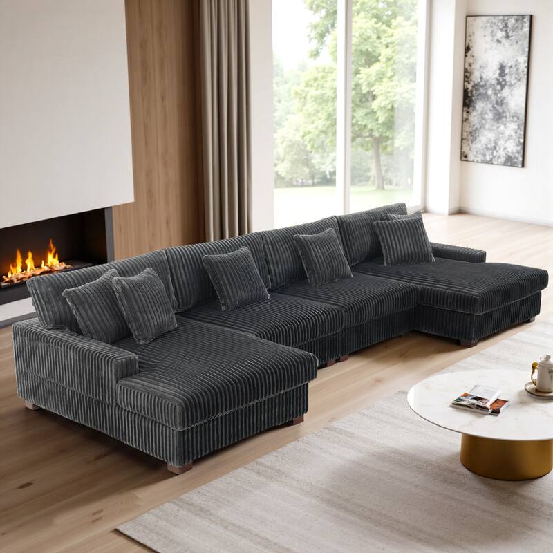 Cotton Flannel 3-Seat Modular Sectional Sofa with Chaise - Grey - Symmetrical