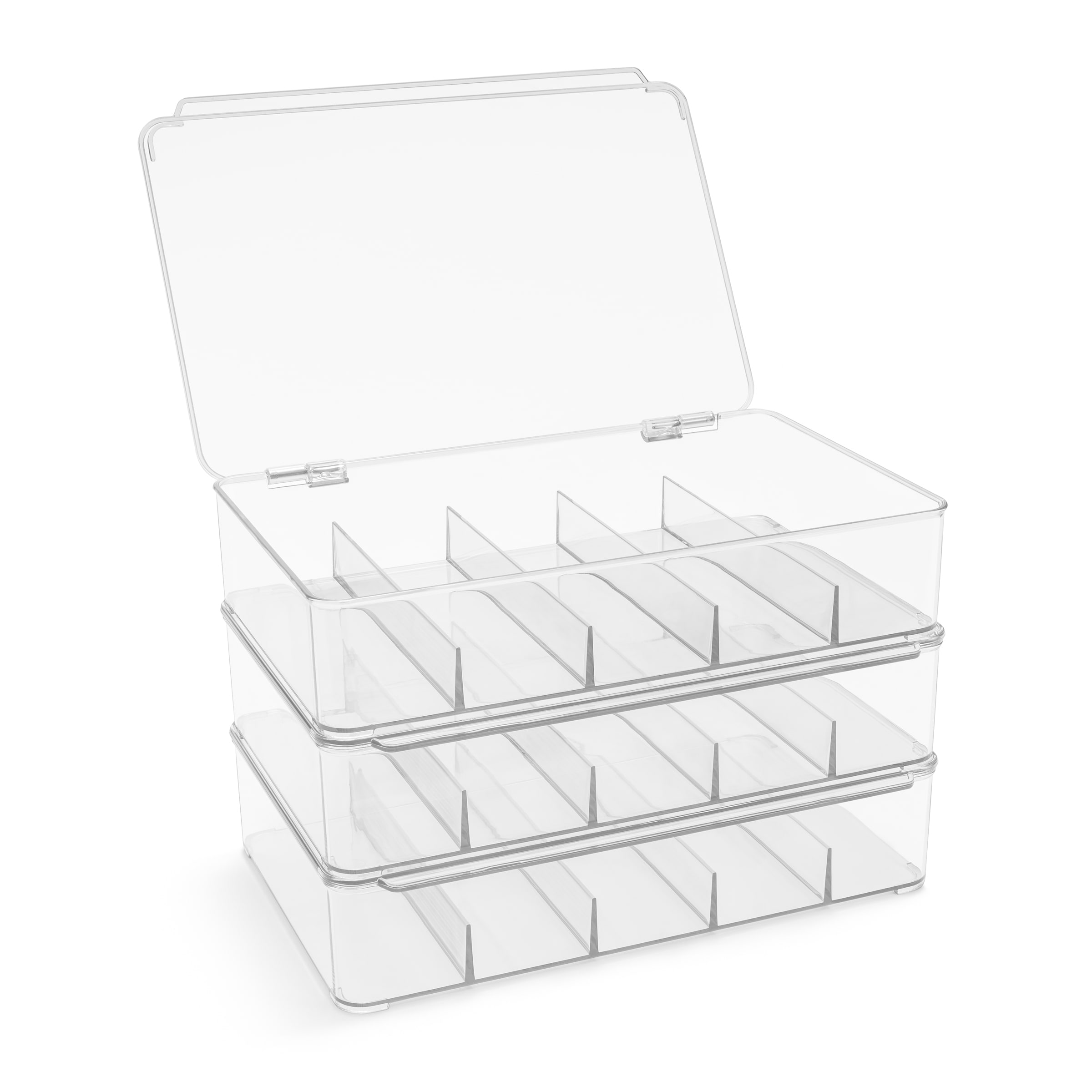 Sorbus Plastic Stackable Organizers - 5 Sections Storage Bins with Hinged Lid 3 Pack - 7.3" L x 10.5" W x 2.3" H