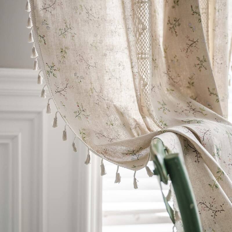 Boho Curtains, 63 inch Length 2 Panels Set Cotton Linen Semi Blackout Farmhouse Window Curtains with Tassel & Rod Pocket