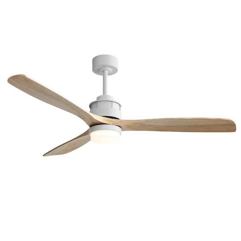 Sofucor 60Inch Ceiling Fan Solid Wood Blades with Light Remote Control,Indoor/Outdoor with Reversible DC Motor for Bedroom Patio - With Light - White with Natural wood Blades