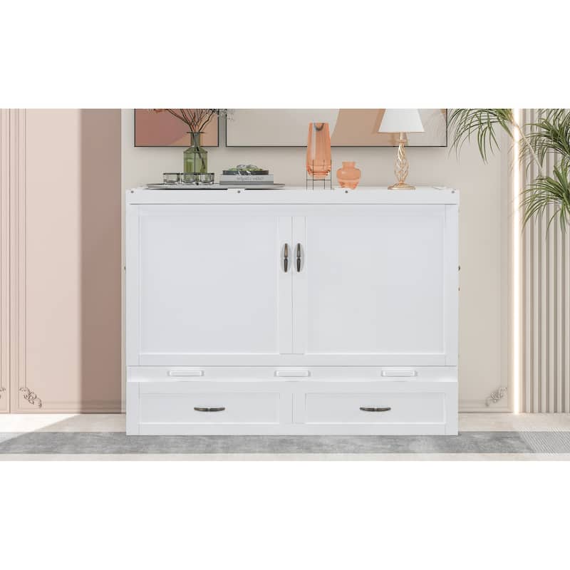 Full Size Space-Saving Design Murphy Bed with USB Ports, Large Drawers and Metal Handles