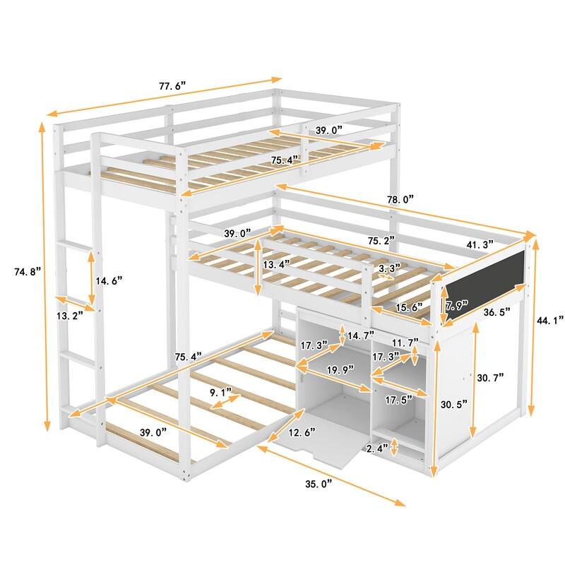 LShaped Twin Size Bunk Bed Frame with Storage, White On Sale Bed