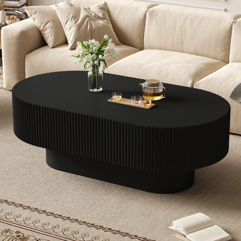 Farmhouse 48.4"W Oval Coffee Table, Modern Fluted End Table with Drum Base for Living Room, Easy Assembly