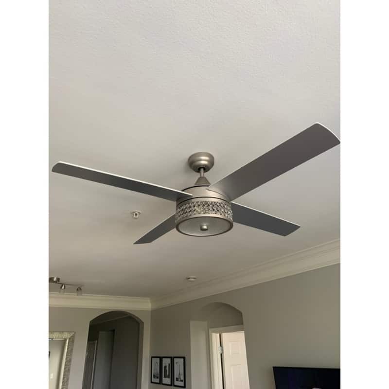 52-inch Satin Nickel/Black 4-Blades Crystal Ceiling Fan with Light Kit