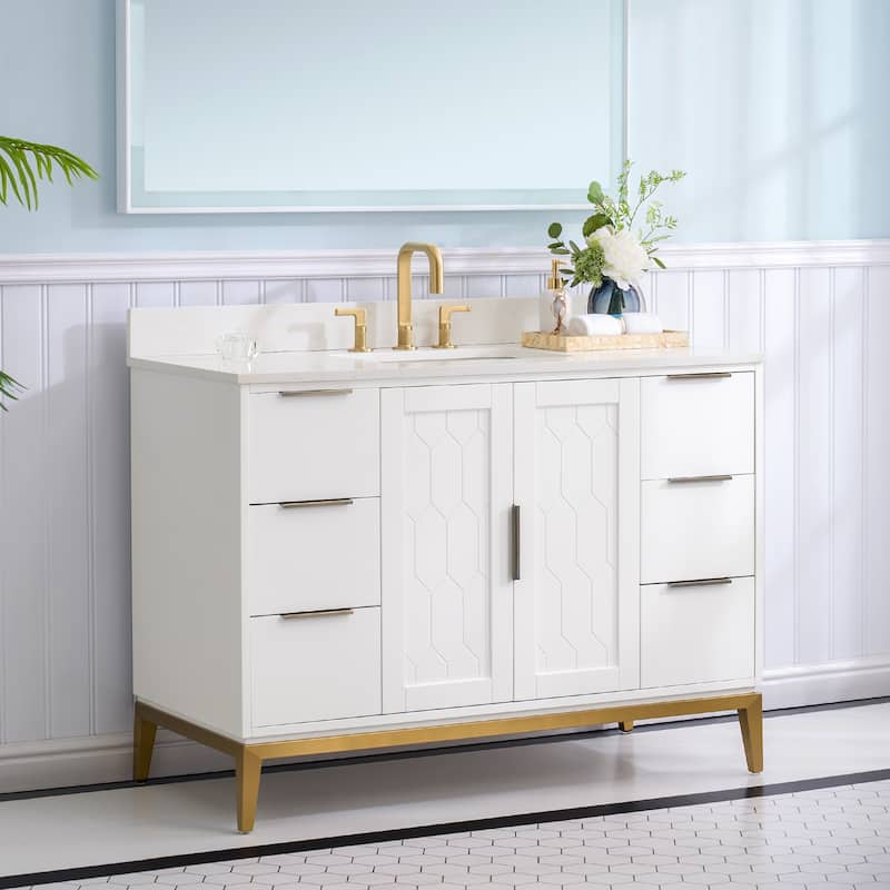 35''H Solid Wood Bath Vanity with Stain-resistant Carrera White Quartz Top and Sink