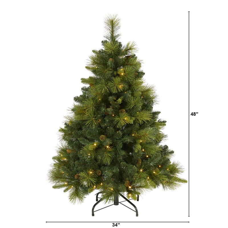 4' North Carolina Mixed Pine Artificial Christmas Tree with 130 Warm White LED Lights, 459 Bendable Branches and Pinecones