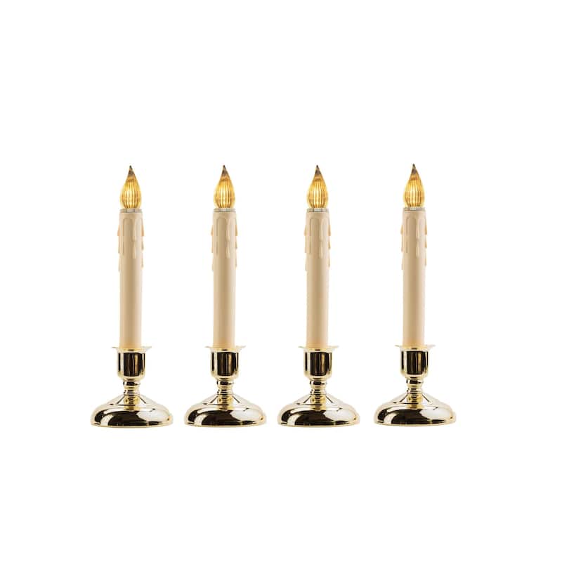 LED Lighted Window Candles with Sensor - 9" - Beige and Brass Finish - Set of 4
