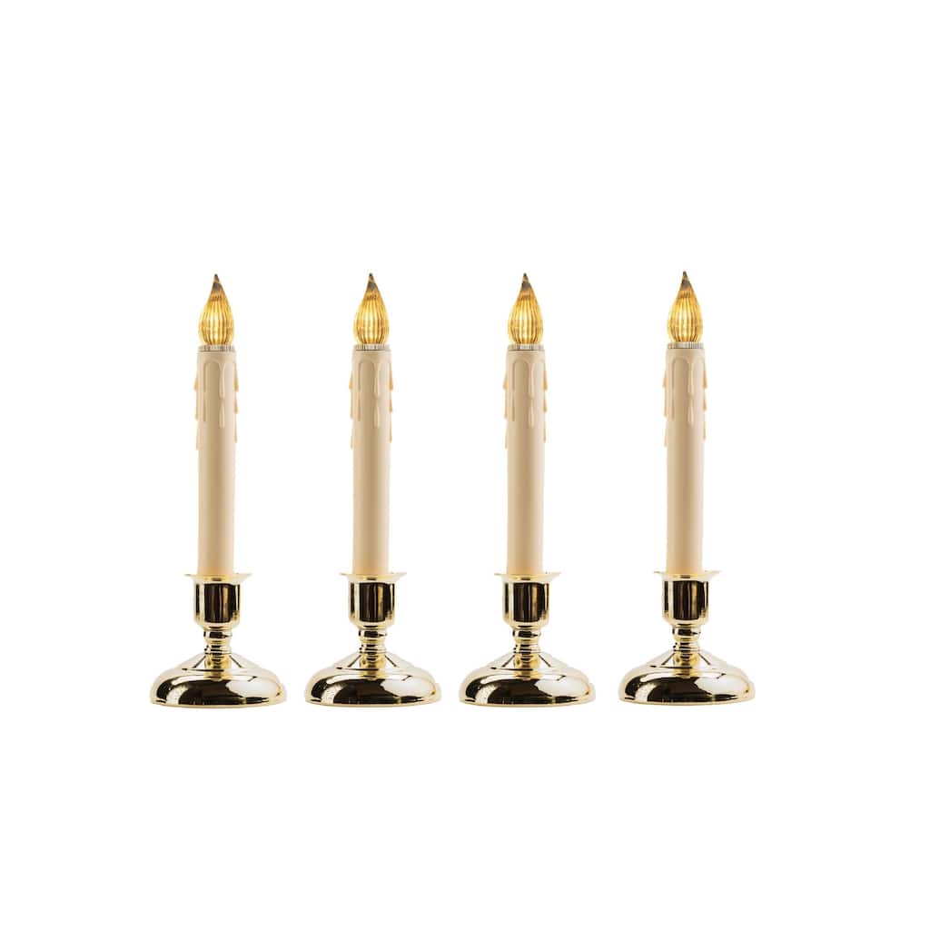 LED Lighted Window Candles with Sensor - 9" - Beige and Brass Finish - Set of 4
