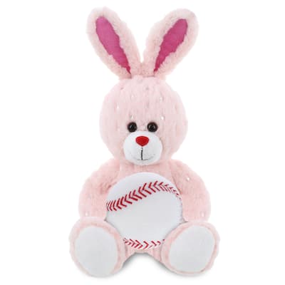 DolliBu Huggable Rose Gold Bunny Stuffed Animal with Baseball Plush - 8 inches
