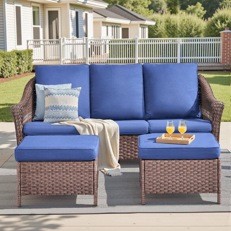 Pocassy Outdoor Patio Wicker Rattan Sofa with Ottoman Sets - Brown & Blue