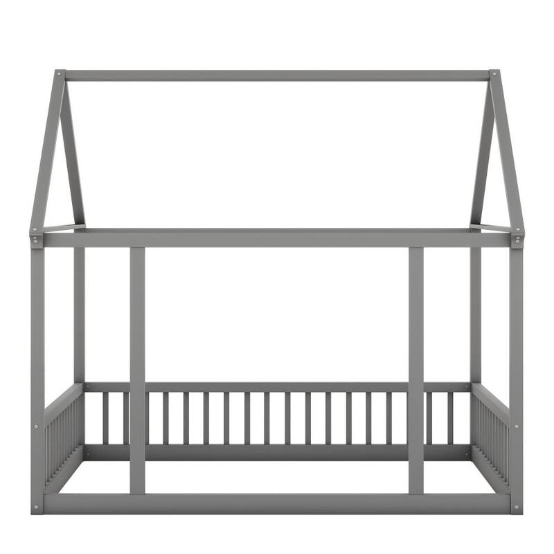 Floor Wooden Bed with House Roof Frame and Safety Guardrails