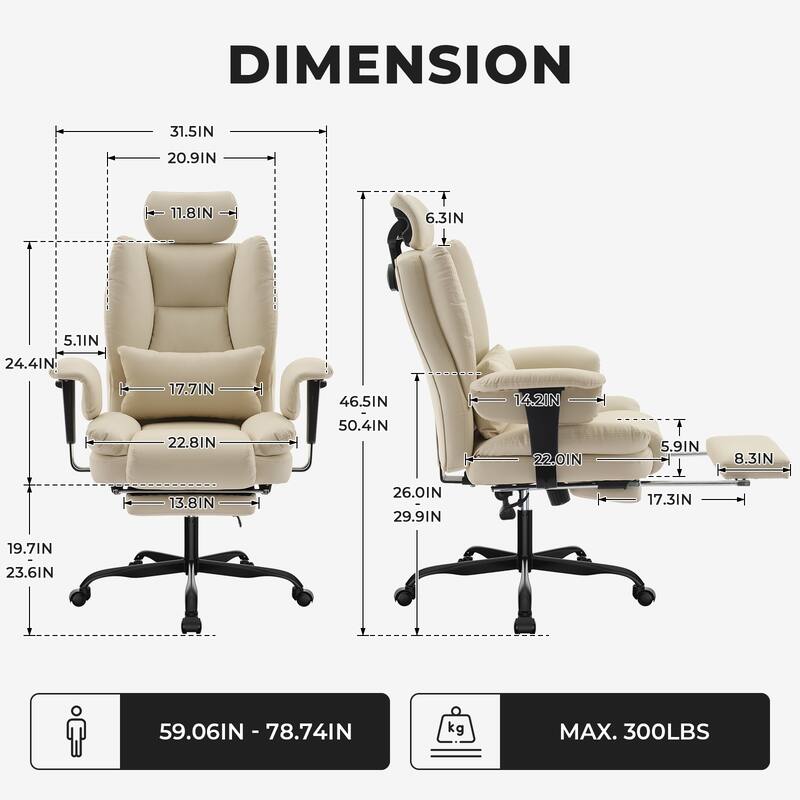 Ergonomic High Backrest Office Chai with Lumbar Support, Liftable Headrest and Extendable Footrest -for Tall/Big Users, Beige