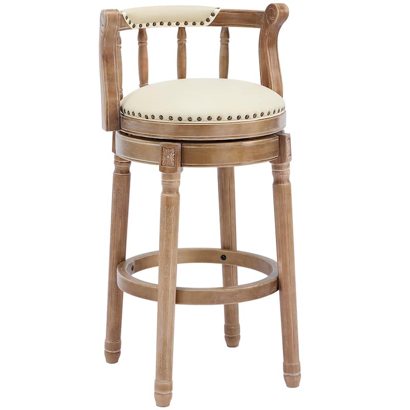 Cow Print Leather Swivel Bar Stool with Back, Wooden Frame & 360-Degree Spin, Beige