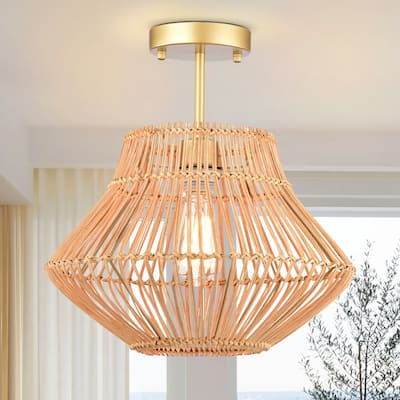 Bohemian Woven Rattan Semi-Flush Mount Ceiling Light for Dining Room