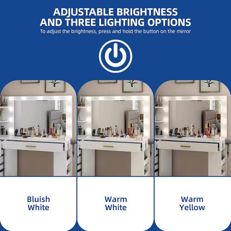 Moasis 40" Makeup Vanity with Mirror and Lighted ,Vanity Table with Power Outlet and 4 Drawers & Storage Shelves