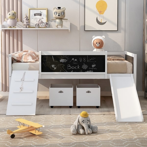 slide 2 of 76, Twin Size Wood Loft Bed with Two Storage Boxes and Chalkboard White