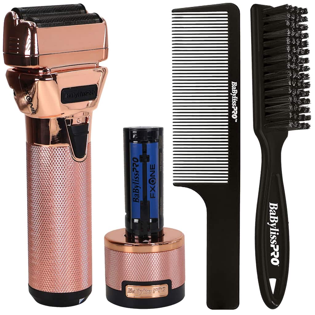BaByliss Pro FXONE ROSEFX All-Metal Interchangeable-Battery Shaver FX79FSRG + Fade Brush + BaByliss Pro 9" Comb