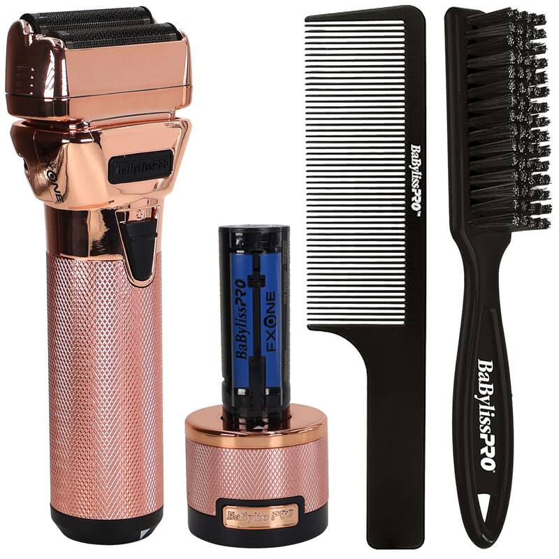 BaByliss Pro FXONE ROSEFX All-Metal Interchangeable-Battery Shaver FX79FSRG + Fade Brush + BaByliss Pro 9" Comb - Rose Gold