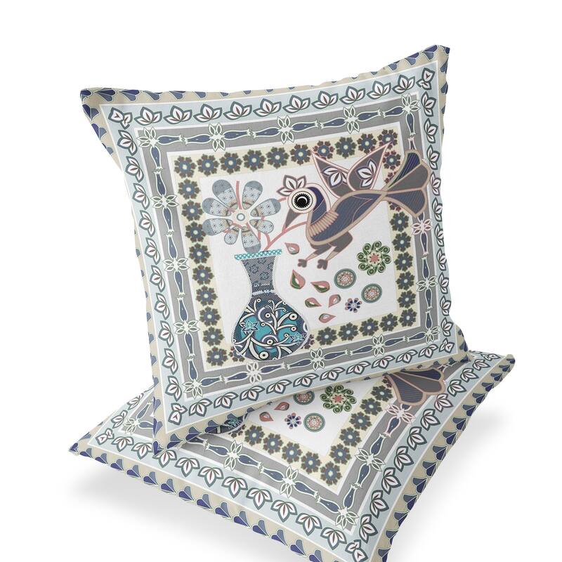 HomeRoots Set of Two 16" X 16" Gray and White Peacock Blown Seam Floral Indoor Outdoor Throw Pillow - 16.00' X '16.00' X '5.00