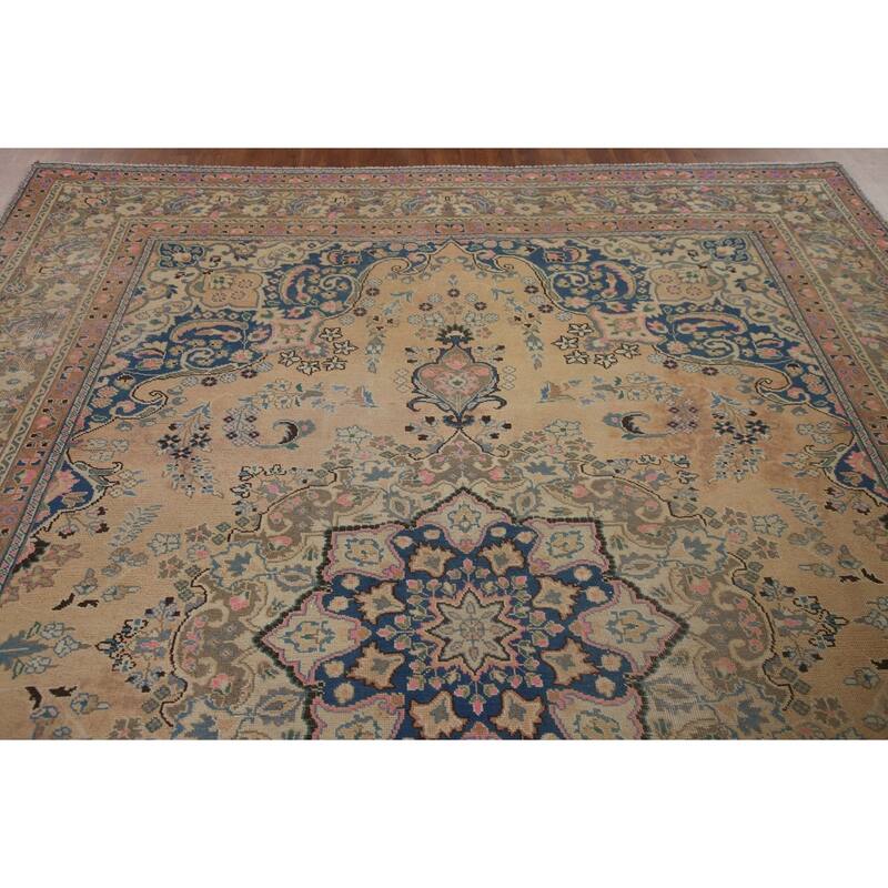 Vintage Distressed Mashad Persian Area Rug Hand-knotted Wool Carpet - 7'11" x 11'1"